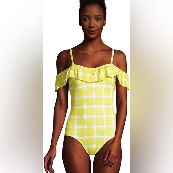 Lands End Women's size 14 Tummy Control Ruffle Off-the-Shoulder One-Piece Swimsu - Picture 1 of 8